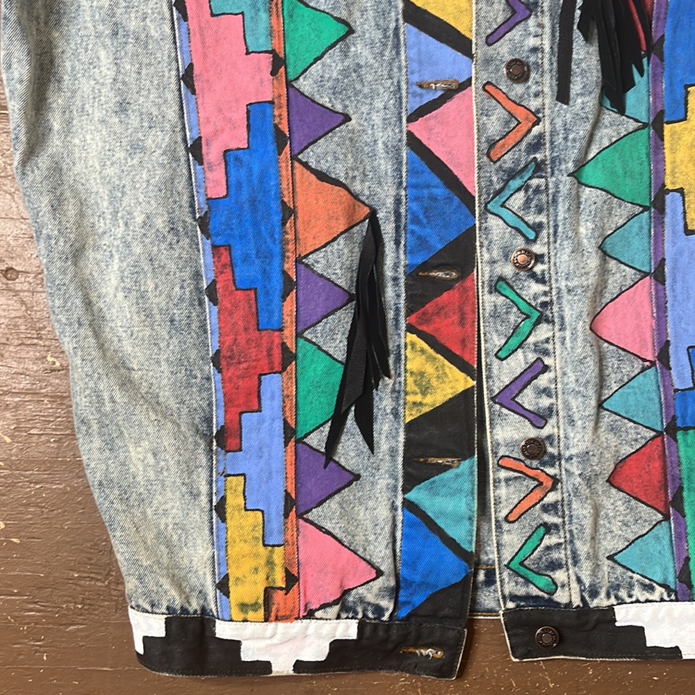 Vintage 90's hand painted jordache denim jacket southwest cow print - Picture 9 of 14